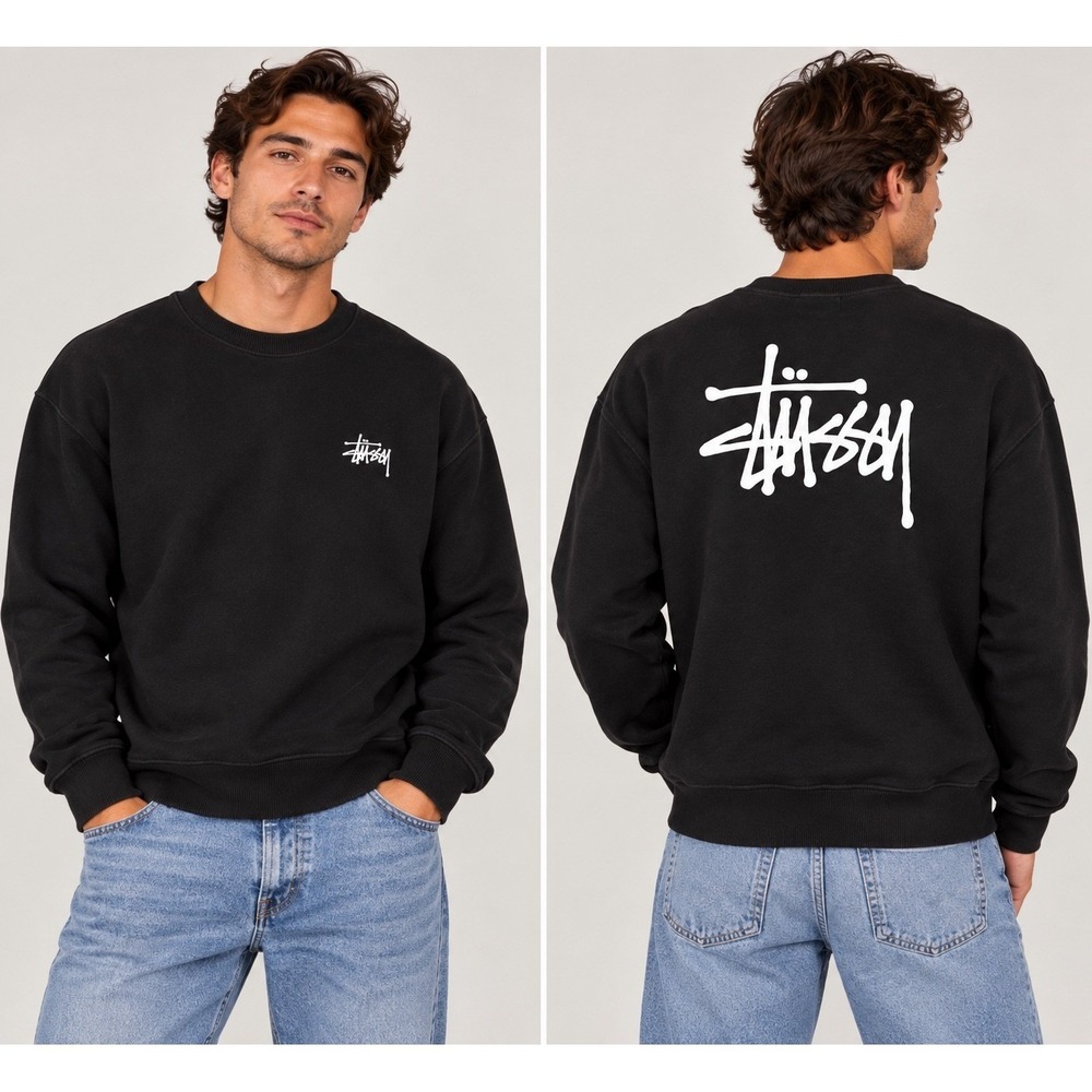 Stussy Basic Logo Crewneck Sweatshirt Black Mens XL Pullover Fleece